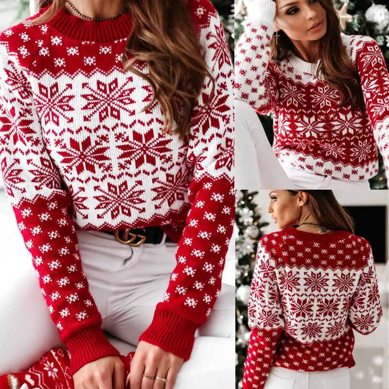 Fall Winter Women Crew Neck Pullover Sweater Red White Snowflake Checkered Knit Top Vintage Christmas Warm Long Sleeve Jumper