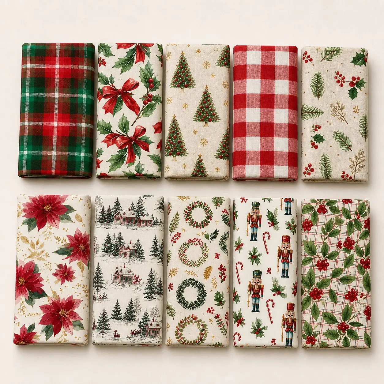 10PCS Classic Christmas Print Fabric Panels, 23x55cm (9x22in) Traditional Holiday Style Pattern Quilting Home Decor DIY