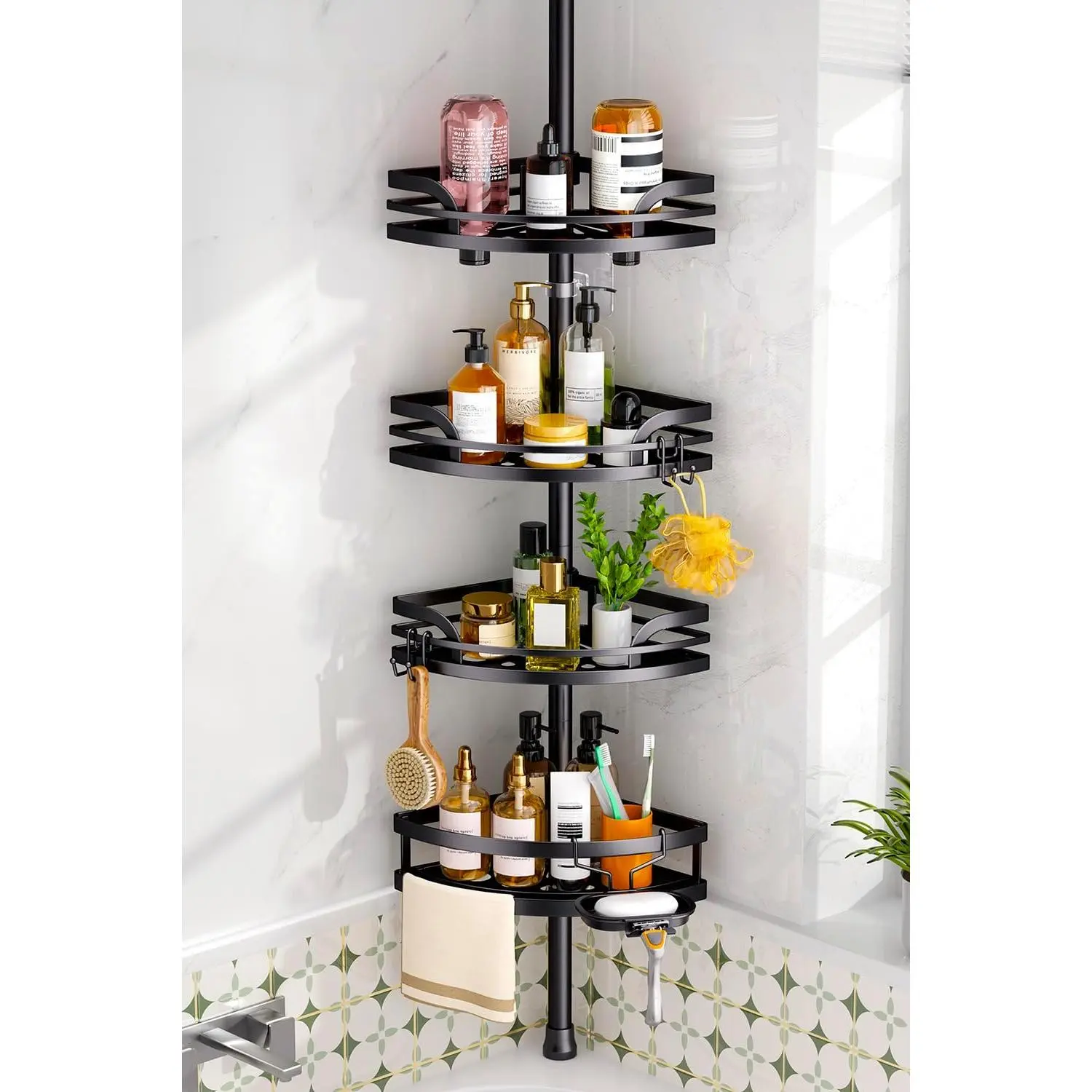 Shower Caddy Tension Pole: Rustproof Bathroom Corner Shelf for Renters, 47-121inches Adjustable Organizer with Soap Holder-Large Capacity Rack for Shampoo Storage Home Accessory - Black