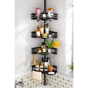 Shower Caddy Tension Pole: Rustproof Bathroom Corner Shelf for Renters, 47-121inches Adjustable Organizer with Soap Holder-Large Capacity Rack for Shampoo Storage Home Accessory - Black