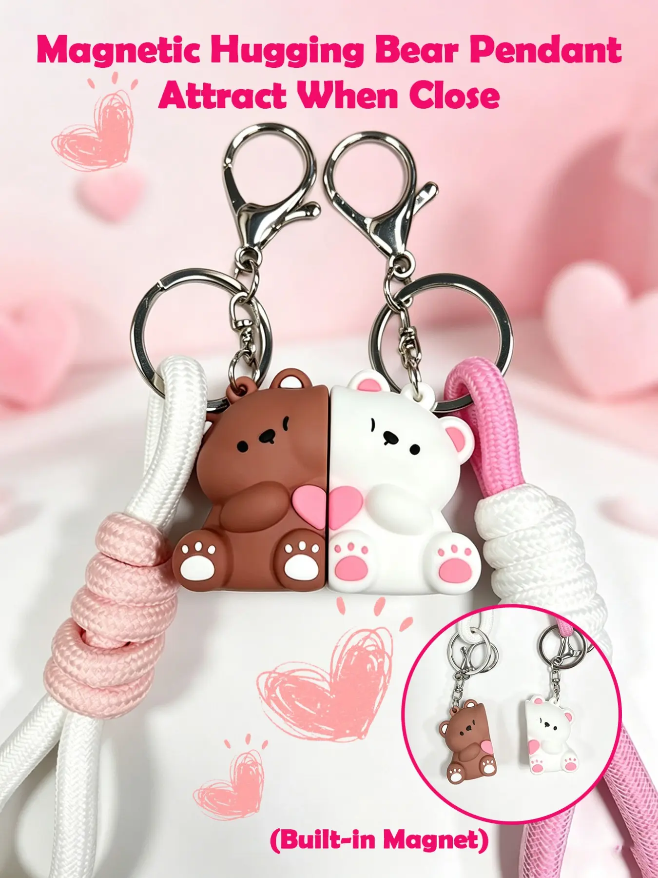 2 Pcs Cute Magnetic Bear Keychain Set, Keychain Duo, Matching Heart Key Rings, Perfect for Best Friends, Lovers, Valentine's Day Gift