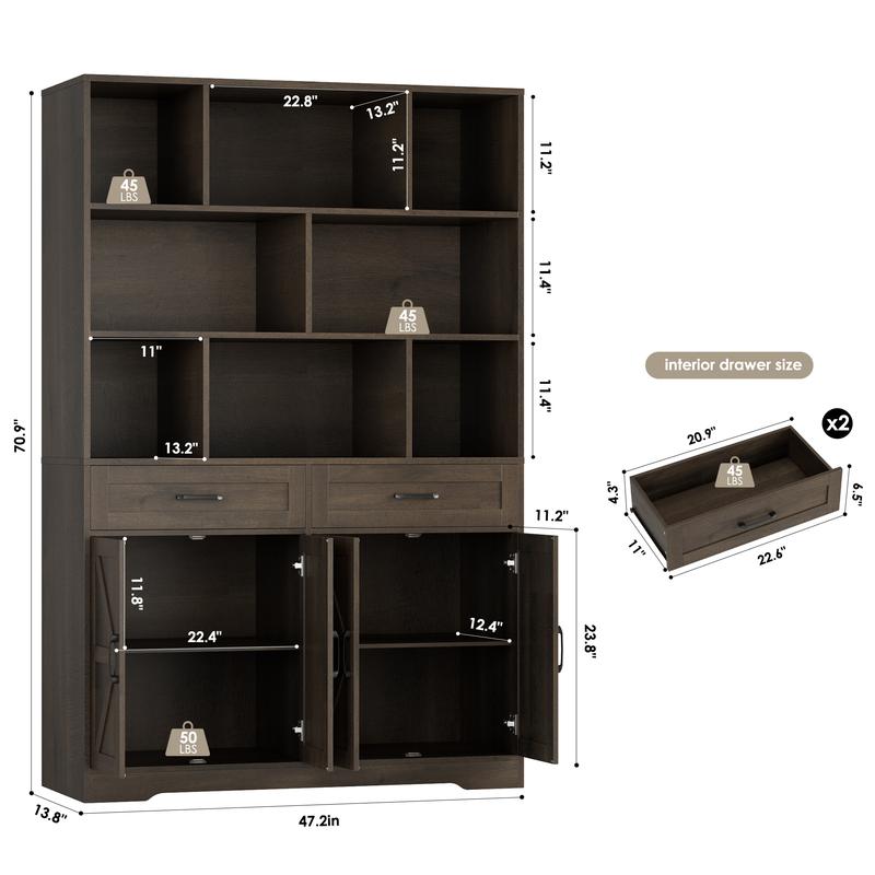 HOSTACK 71" Tall Bookcase with Drawers and Doors, 47" Wide Book Shelf and Bookcase with Storage, 6 Tier Large Book Storage Cabinet with 14" Deep Display Shelves Living Room White FathersDayGift