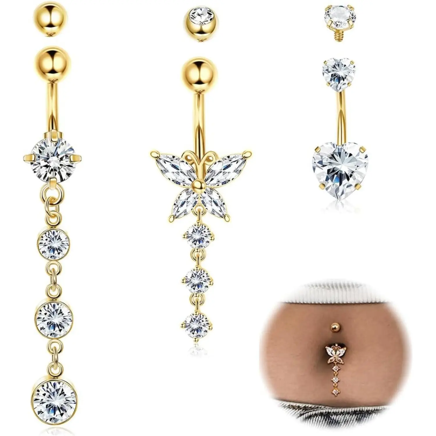 FIASASO 14G Belly Button Piercing Surgical Steel Silver/Gold Piercing Belly Button Heart CZ Long Belly Button Piercing Ring (with 3 Spare Balls)