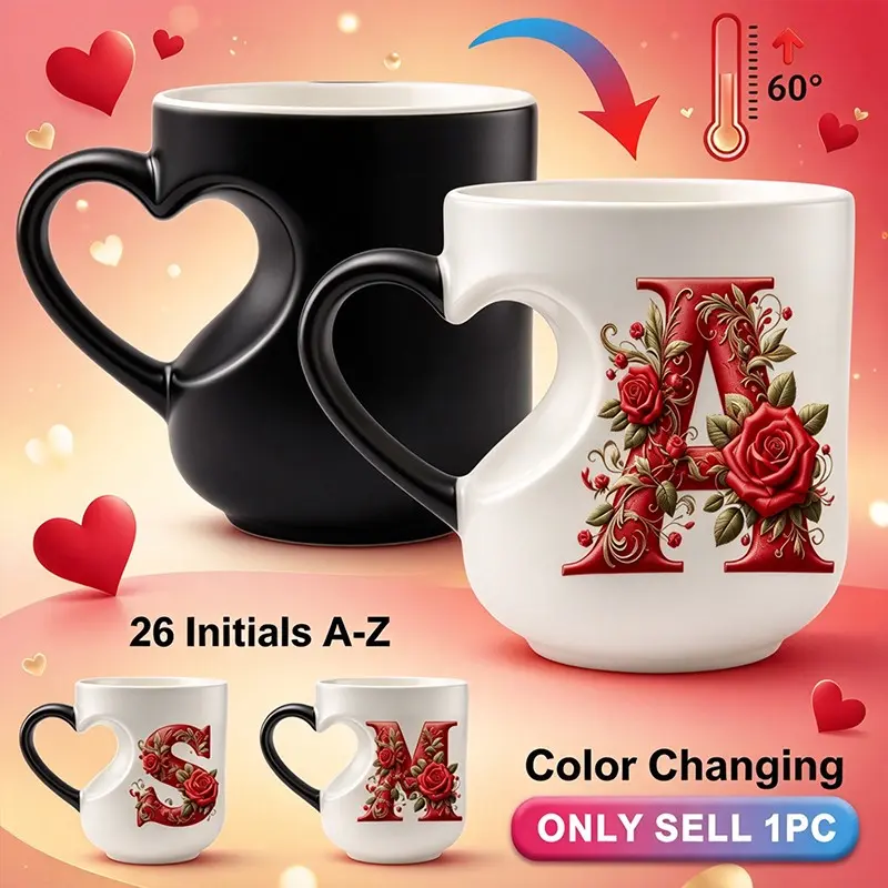 Magical Color Changing Mug Initial A-Z Rose Ceramic Cup, Funny Coffee Mug & Tea Mug with Heart Handle. Gifts for friends, Valentine's Day gifts for female friends, gifts for sisters, Birthday Gifts, Christmas Gift.