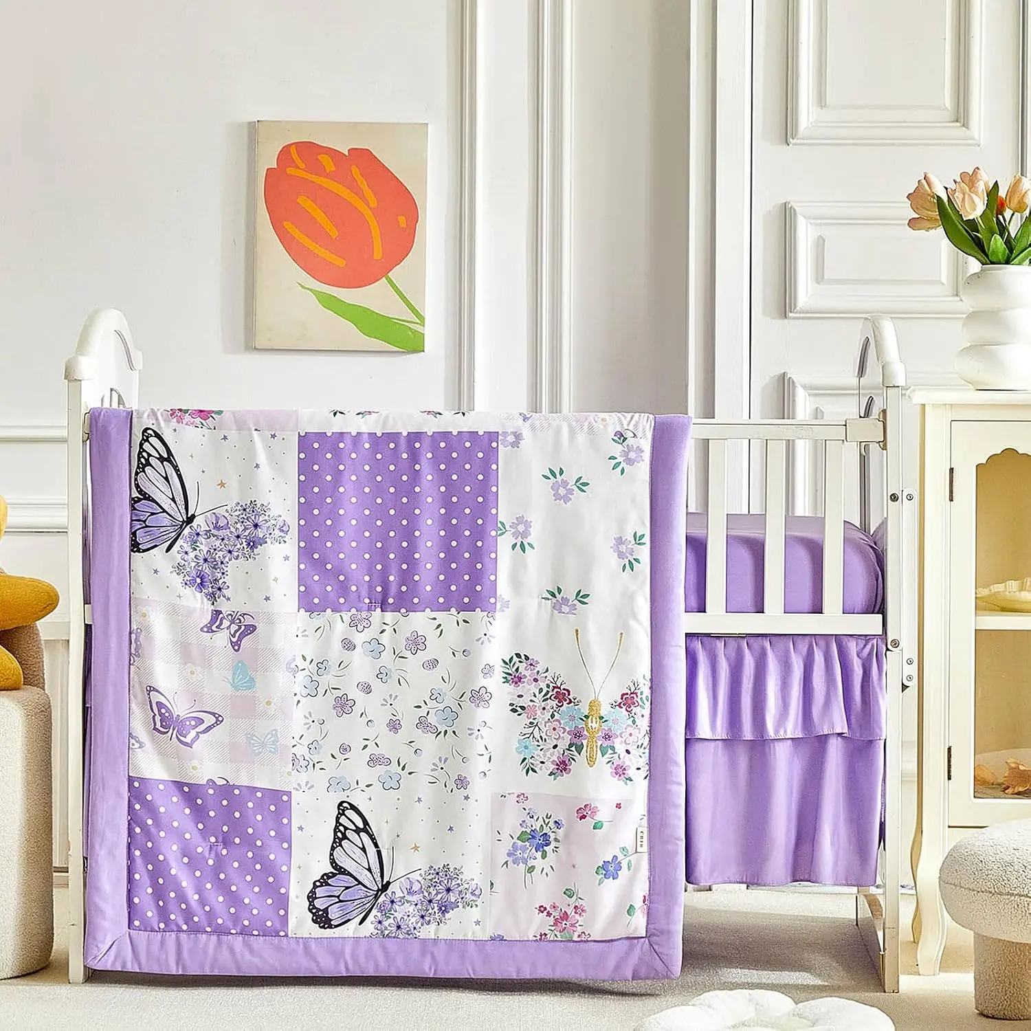 3 Pieces Patchwork Crib Bedding Set for Baby Girl, Butterfly Plaid Floral Design Quilted Comforter with Fitted Sheet & Bed Skirt, Purple Flower White Butterfly Dots Style Crib Bed Set