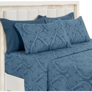 Ultra Soft Wrinkle-Free Microfiber Paisley Queen Sheet Set, Cute Floral Pattern Boho Print – 16" Deep Pocket Fitted Sheet, Flat Sheet & 4 Pillowcases, Breathable, OEKO-TEX - Navy Blue