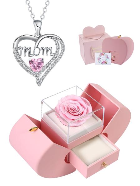 Apple Shape Rose Jewelry Gift Box With Love Heart Mom Pendant Necklace, Anniversary Birthday Jewelry First Mom Gifts for Women Wife, Mother's Day Jewelry Gift for Mom Heart Design Necklace