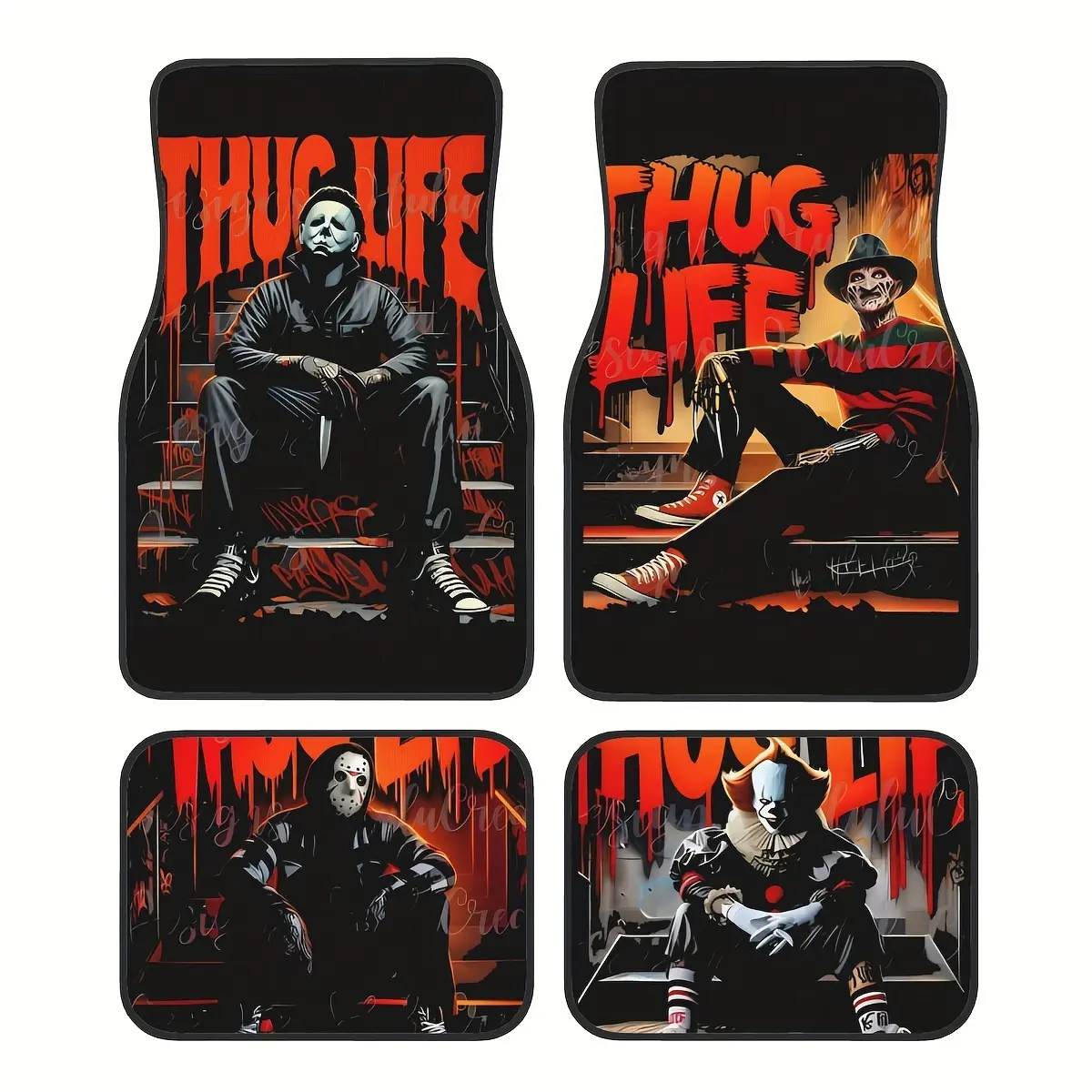 4pcs Thug Life Design Print Car Floor Mats Set- Front& Rear Full Coverage Auto Interior Accessories, Crystal Velvet Vehicles Floor Mats Suitable for Sedans, Vans, Suvs