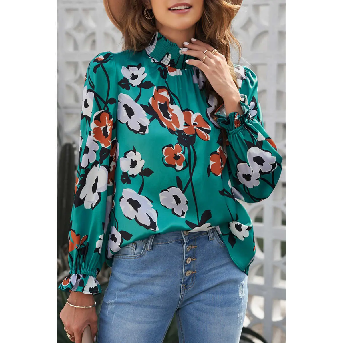 Women's Floral Print Blouse with Smocked Mock Neck, Casual Loose-Fit Long Sleeves and Ruffle Cuffs, Top, Blouses For Women