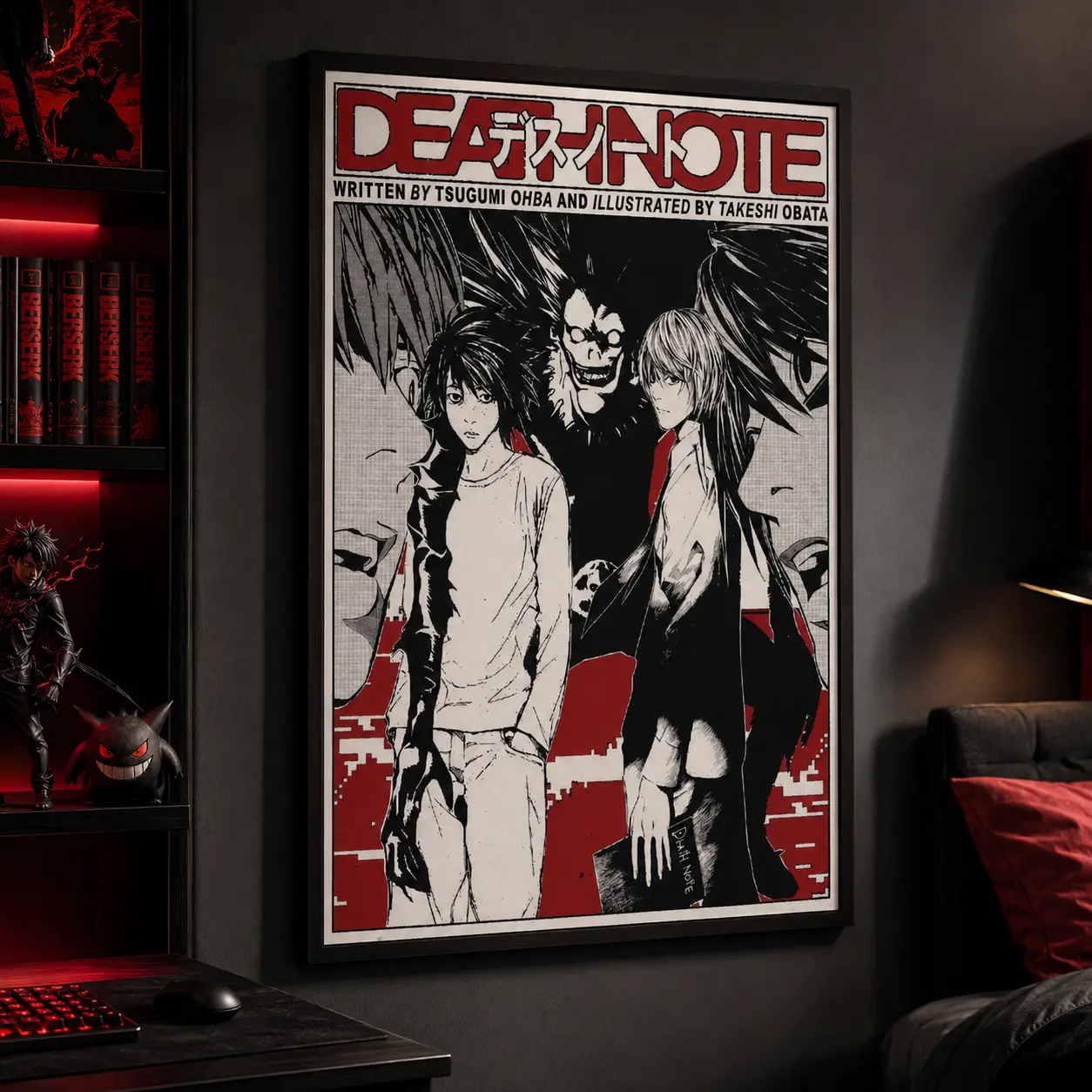 Dark Anime Inspired Canvas Wall Art, Japanese Manga Style Retro Artwork Poster, Mystery Character Graphic Print, Otaku Room Decor for Bedroom Gaming Room Dorm Office, Vintage Aesthetic Wall Decoration, Japanese Pop Culture Artwork
