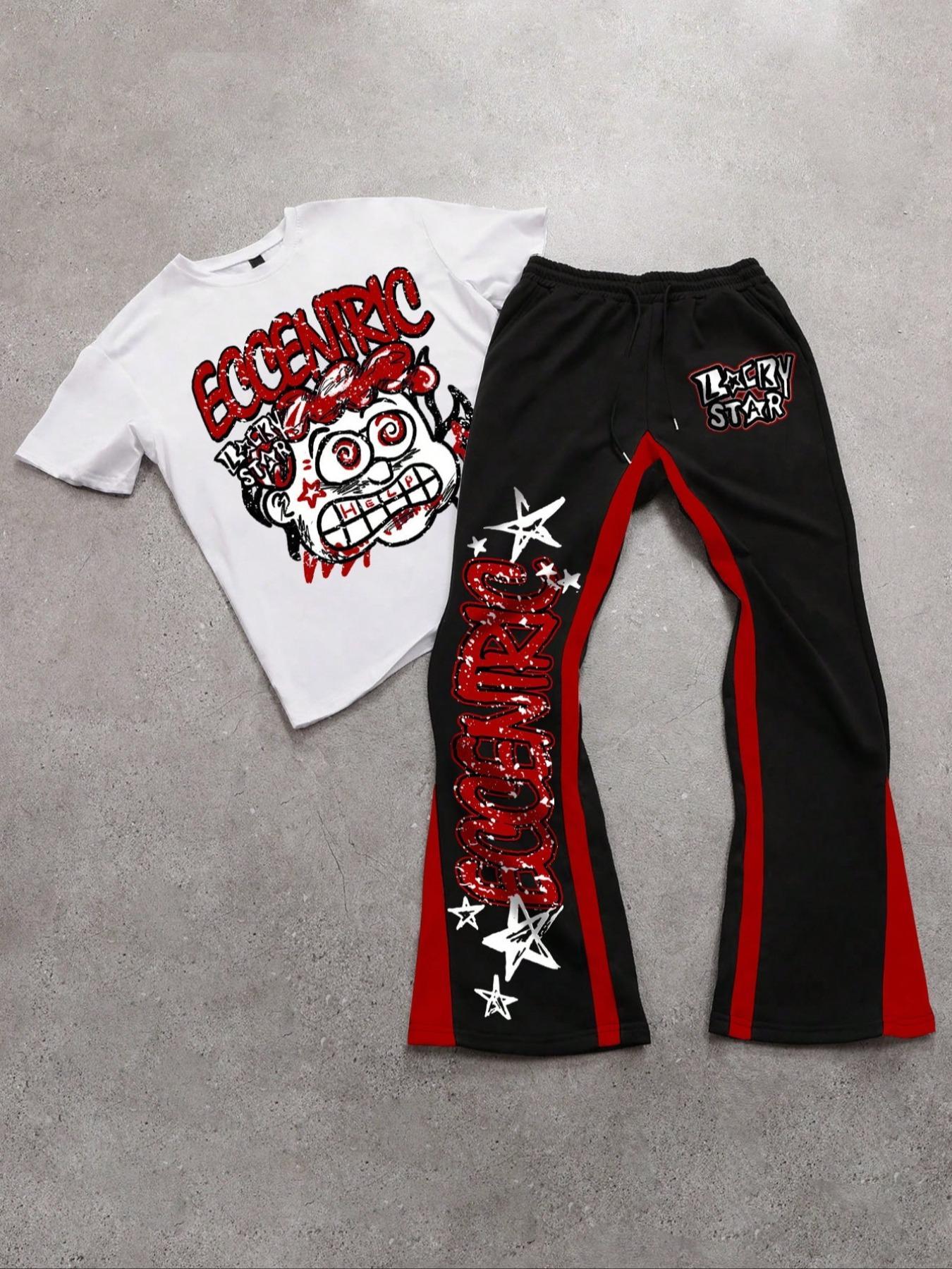 Two-Piece Set Menswear Men's Figure Graphic Tee & Colorblock Drawstring Waist Flare Leg Sweatpants, Regular Fit Round Neck Short Sleeve T-Shirt & Bell Bottom Trousers, Casual Fashion Cozy Breathable Men Two-Piece Outfits for All Seasons