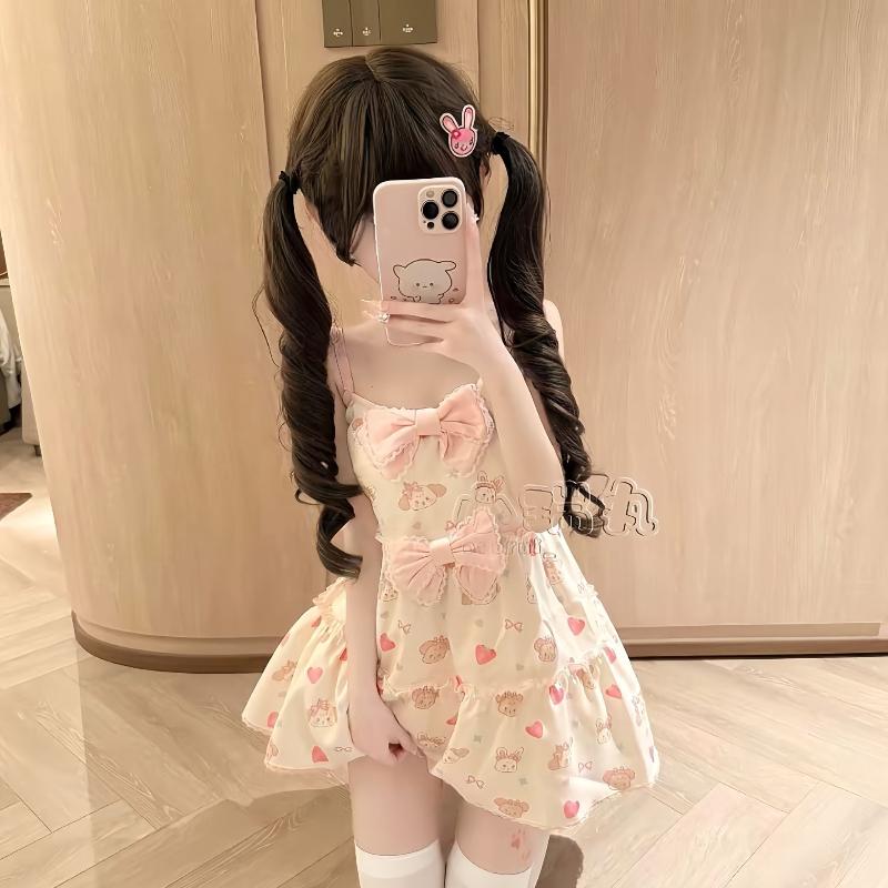 Kawaii Japanese Sweet Bow Sling Dress Women's Summer Lovely Strawberry Print Dresses Design Fashion Loose Pretty Princess Dress