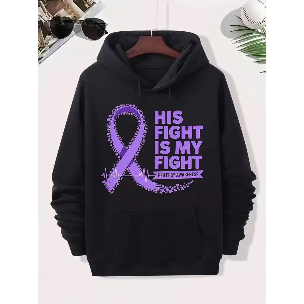 Epilepsy Awareness Purple Ribbon Graphic Hoodie, Oversized Comfort Cotton Fashion Outfit, Best Holiday Gift for Him Her Family Friends, Support Awareness Present