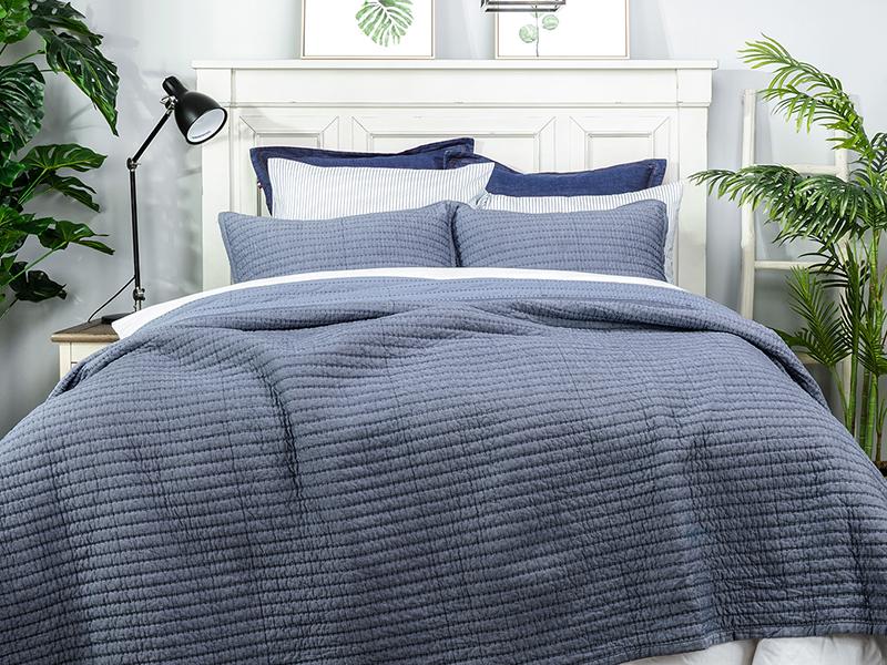Cotton Yarn Dyed Chambray Cotton Fill - Lightweight Square Detailed Stitching Bedding, Queen Gray Color, 88" x 92"