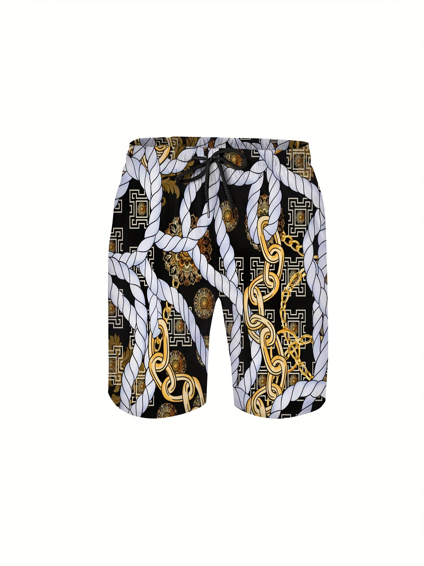 3pcs Men's Hawaiian Shirt And Short Set, Baroque Vintage Rope Golden Luxury Chain Soft Fabric Breathable Shirt Button Short Sleeve Casual Beach Shirts Outfits with Bucket Hats