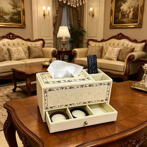 Vintage Floral Print Leather Tissue Box with Storage Compartment, Living Room Table Caddy for Remotes and Tissues, Decorative Organizer with Drawer