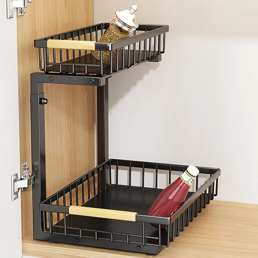 Adjustable 2-Tier Under basin Organizer for Kitchen & Bathroom – Pull-Out Metal Cabinet Shelf with L-Shape Design, Non-Slip Suction Cups, Space Saving Storage Solution