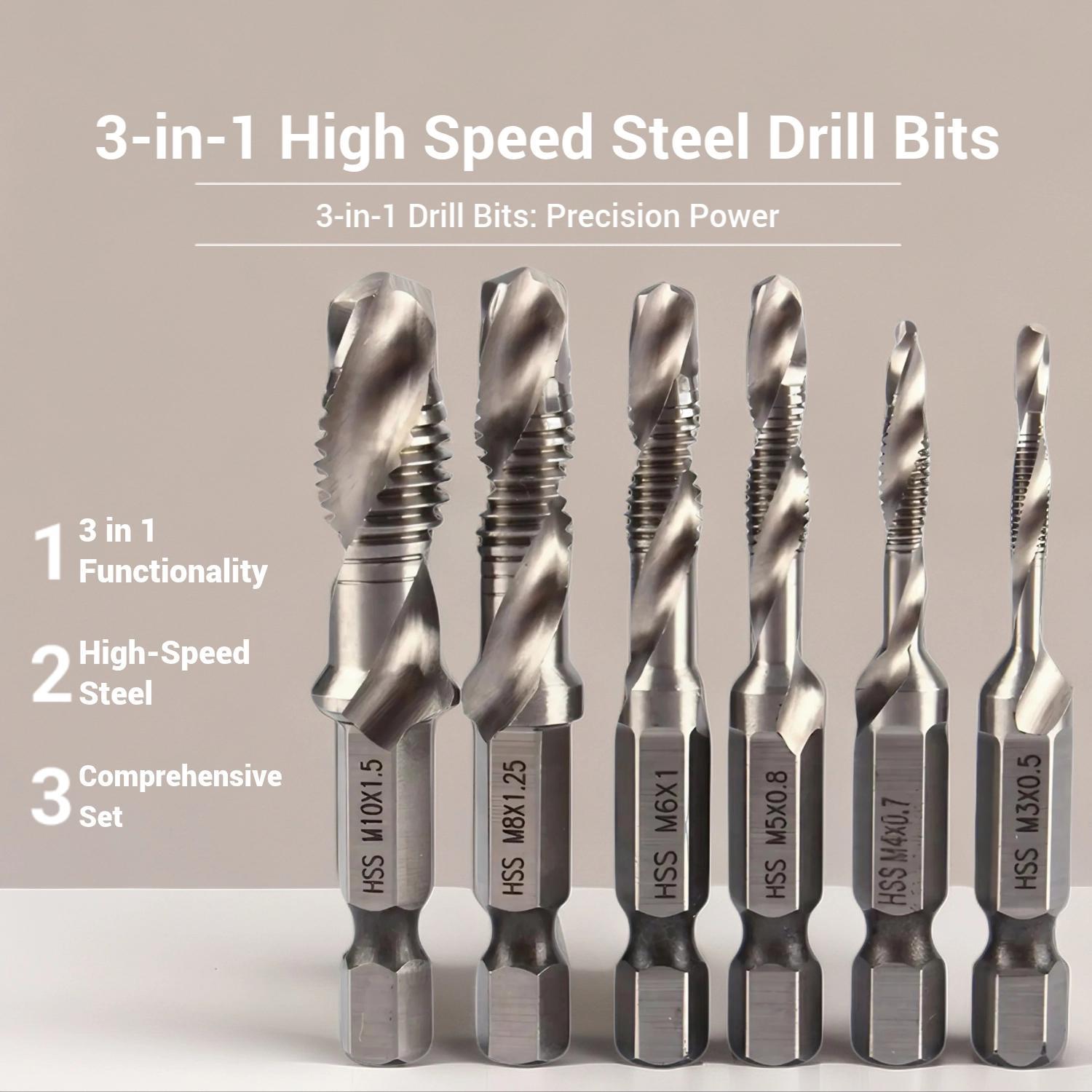 3 In 1 Spiral Tap Hex Shank Drill Bit Set,M3/M4/M5/M6/M8/M10 Drill Bits High Speed Steel,Professional Drill Accessories For Woodworking,Power Tool Accessories, Heavy Duty,Hardware, Cutting, Metal, Durable. 3 In 1 Spiral Tap Hex Shank Drill Bit Set,M3/M4/M5/M6/M8/M10 Drill Bits High Speed Steel,Professional Drill Accessories For Woodworking,Power Tool Accessories, Heavy Duty,Hardware, Cutting, Metal, Durable.