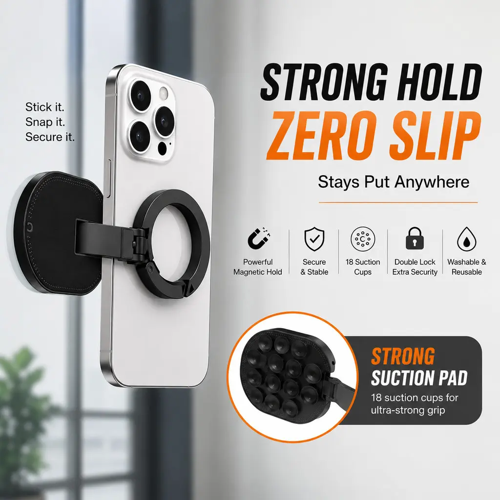 MagLock 3-in-1 Magnetic Phone Mount, Smartphone Holders, Car Holder, Suction Cup Stand with 360° Rotation & Carabiner Clip, MagSafe Holder with Magnetic Ring for iPhone 17/16/15/14 & Android, for Car, Gym, Office, Outdoor