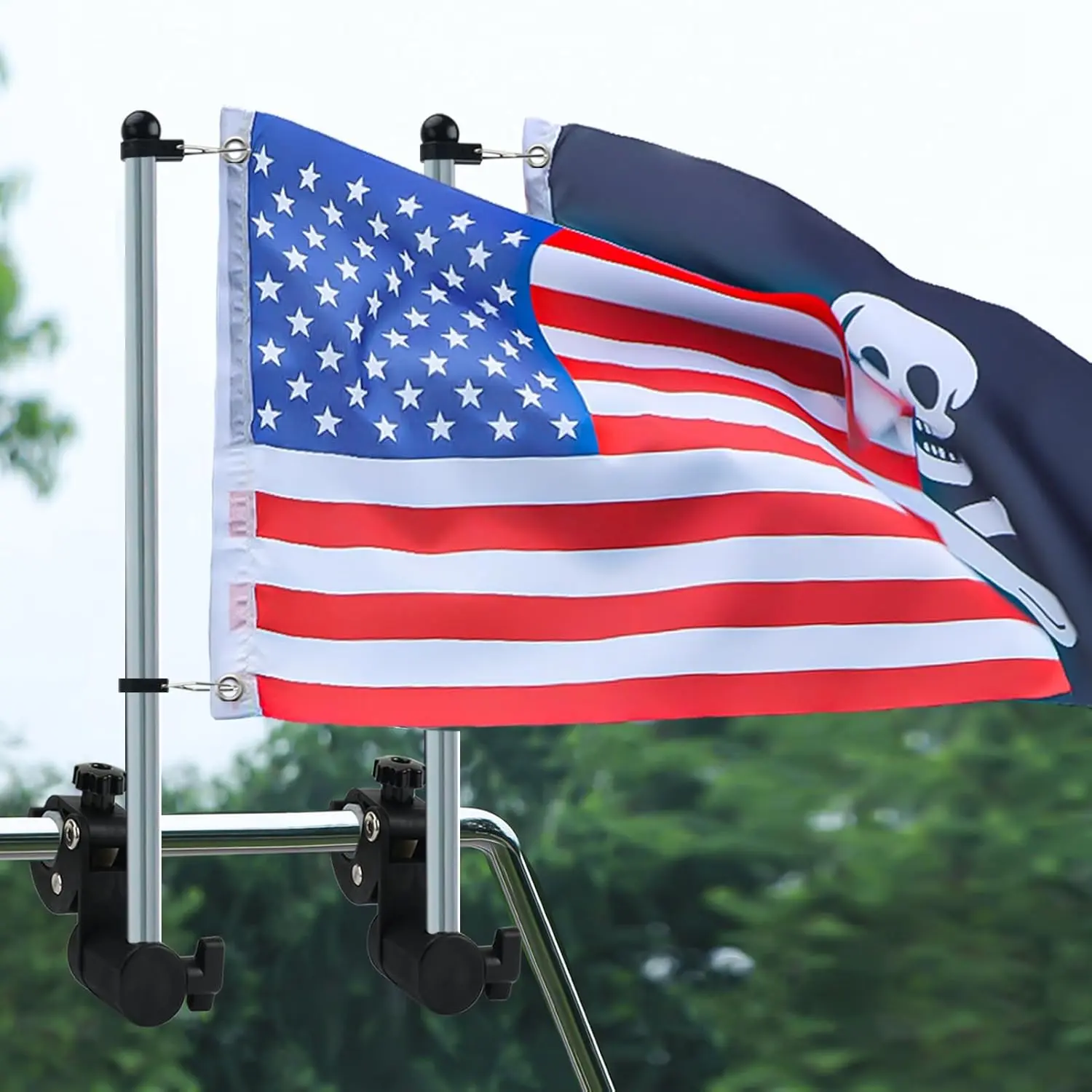 2 Pack Boat Flag with Adjustable Pole, 316 Stainless Steel Clamp On Rail Mount Flag Pole Kit No Drilling, Kayak Flag Pole with Gimbals End