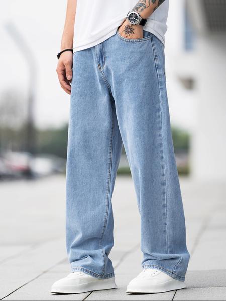 Men's Solid Color Wide Leg Jeans, Loose Casual Comfy Denim Trousers for Daily Wear, Fashion Men's Bottoms for All Seasons