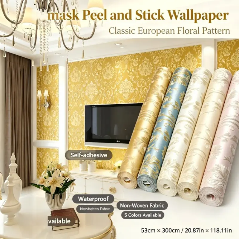 3D Embossed Damask Peel and Stick Wallpaper, Self Adhesive Non-Woven Floral Wall Mural, Luxury European Golden Textured Wall Decor for Bedroom Living Room, 53×300cm