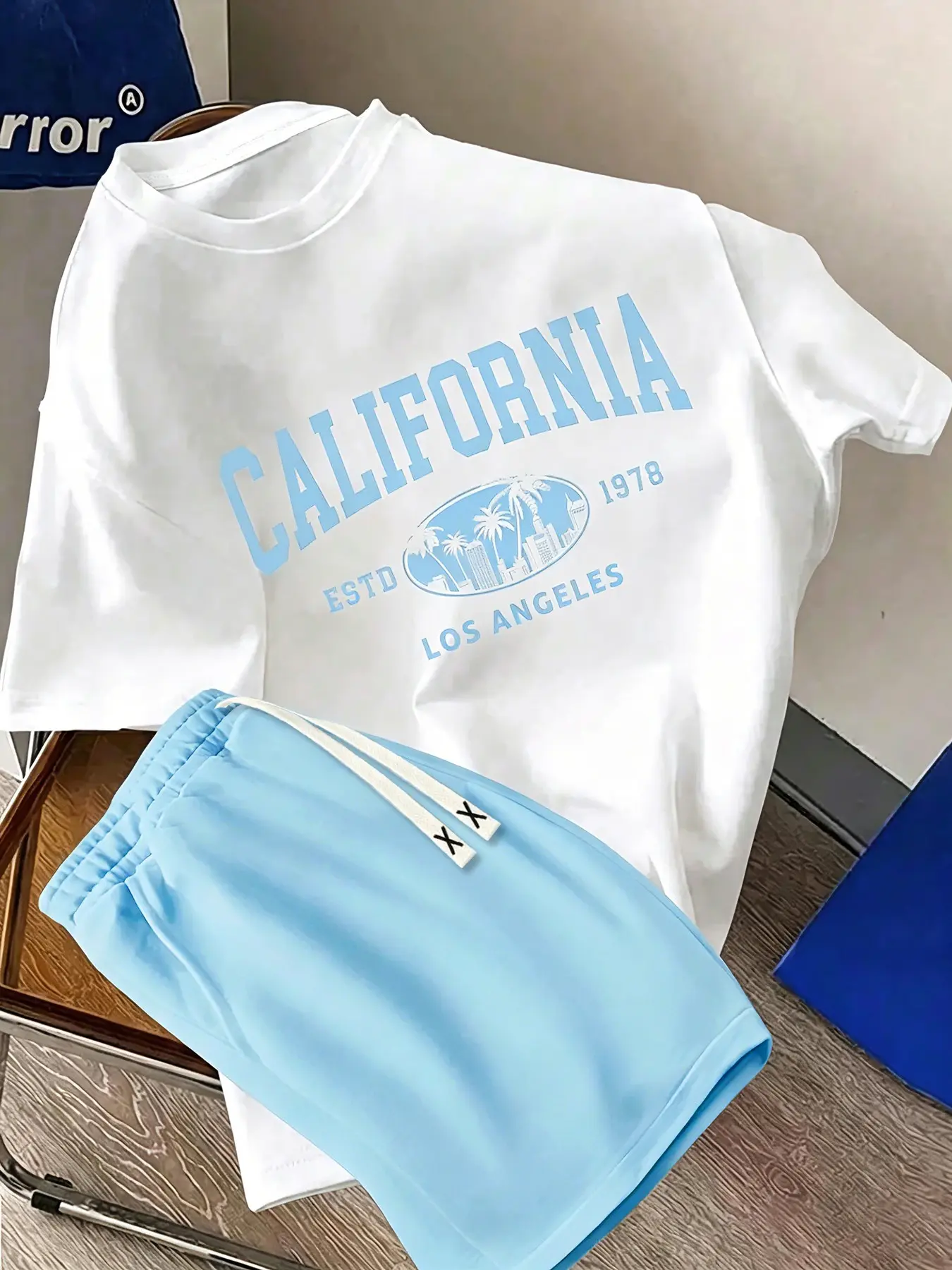 Men's 2-Piece Set, California Los Angeles Print Round Neck Short Sleeve T-Shirt and Waist Pocket Shorts, Casual Indoor and Beach Wear