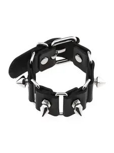 PU Leather Linked Strap Cone Spike Wide Cuff Bracelet, Adjustable Snap Punk Goth Biker Wristband, Unisex Cutout Interlinked Strap Spiked Street Jewelry for Men Women, Ideal for Rock Concert, Cosplay Party & Halloween Birthday Gift