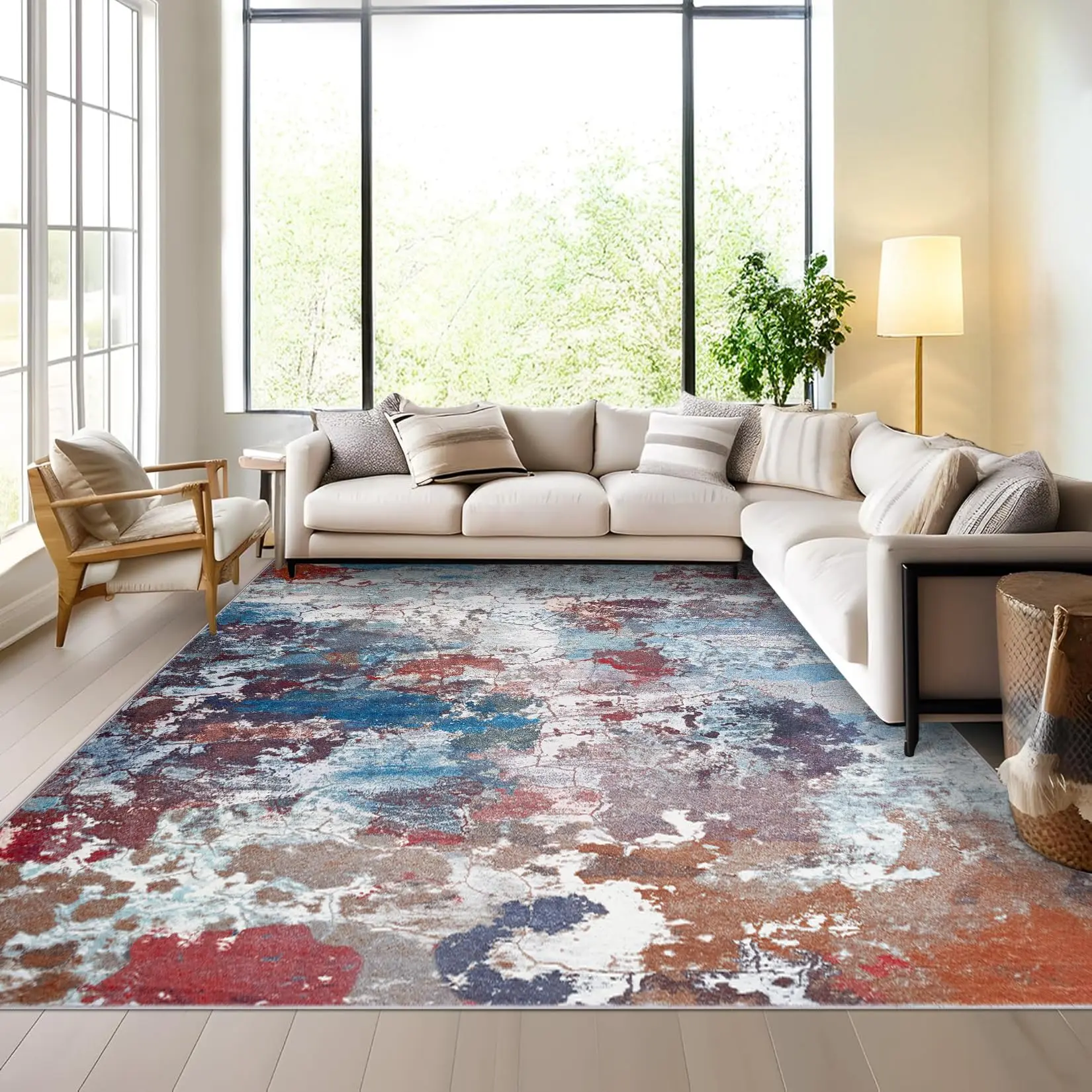 Garvee Living Room Area Rugs - 6x9 Washable Modern Abstract Large Soft Indoor Rug Neutral Modern Low Pile Carpet for Bedroom Dining Room Apartment Multi