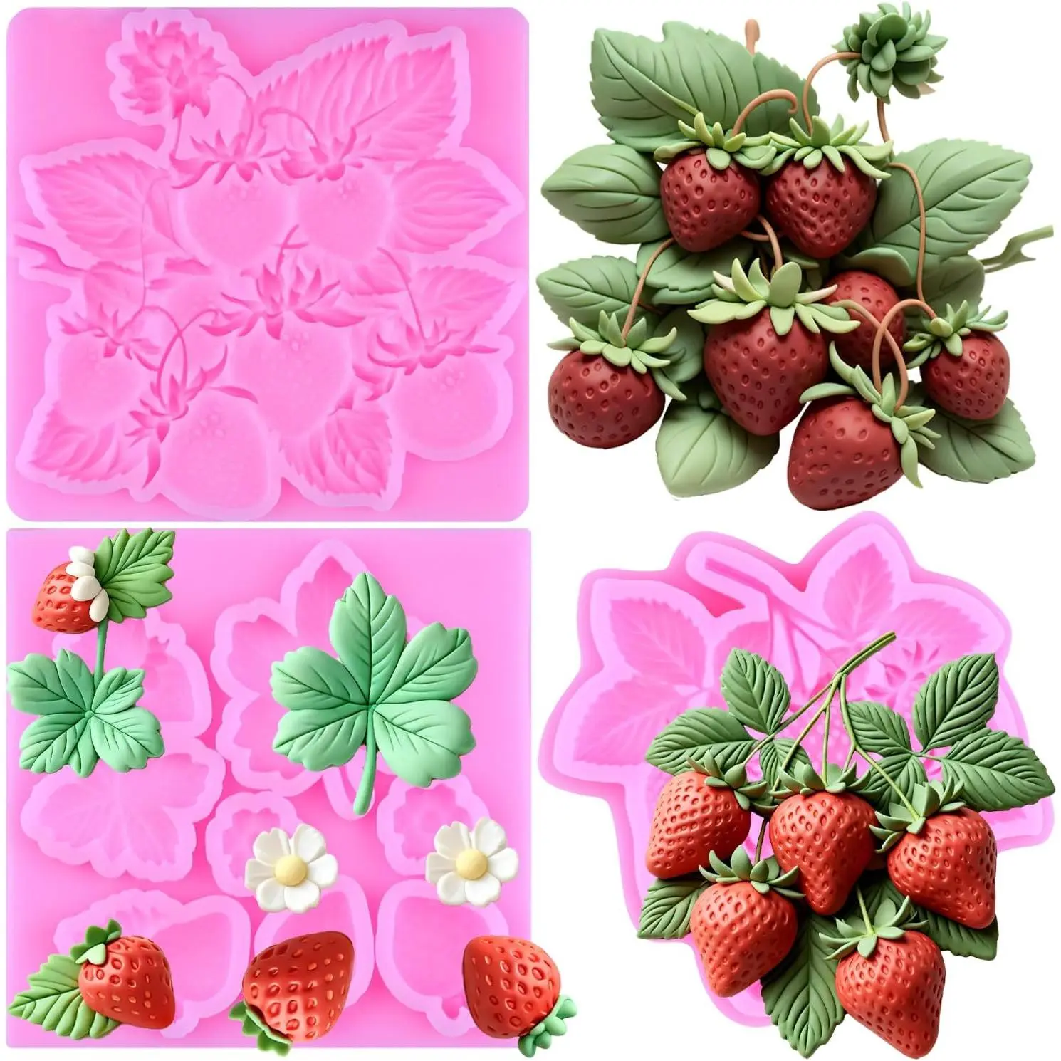 Strawberry  Mold Strawberry Flower Fondant Molds Set Of 3 | Strawberry  Leaves  Mold Fruit Theme Cake Decorating Cupcake Topper Candy Polymer Clay   Paste