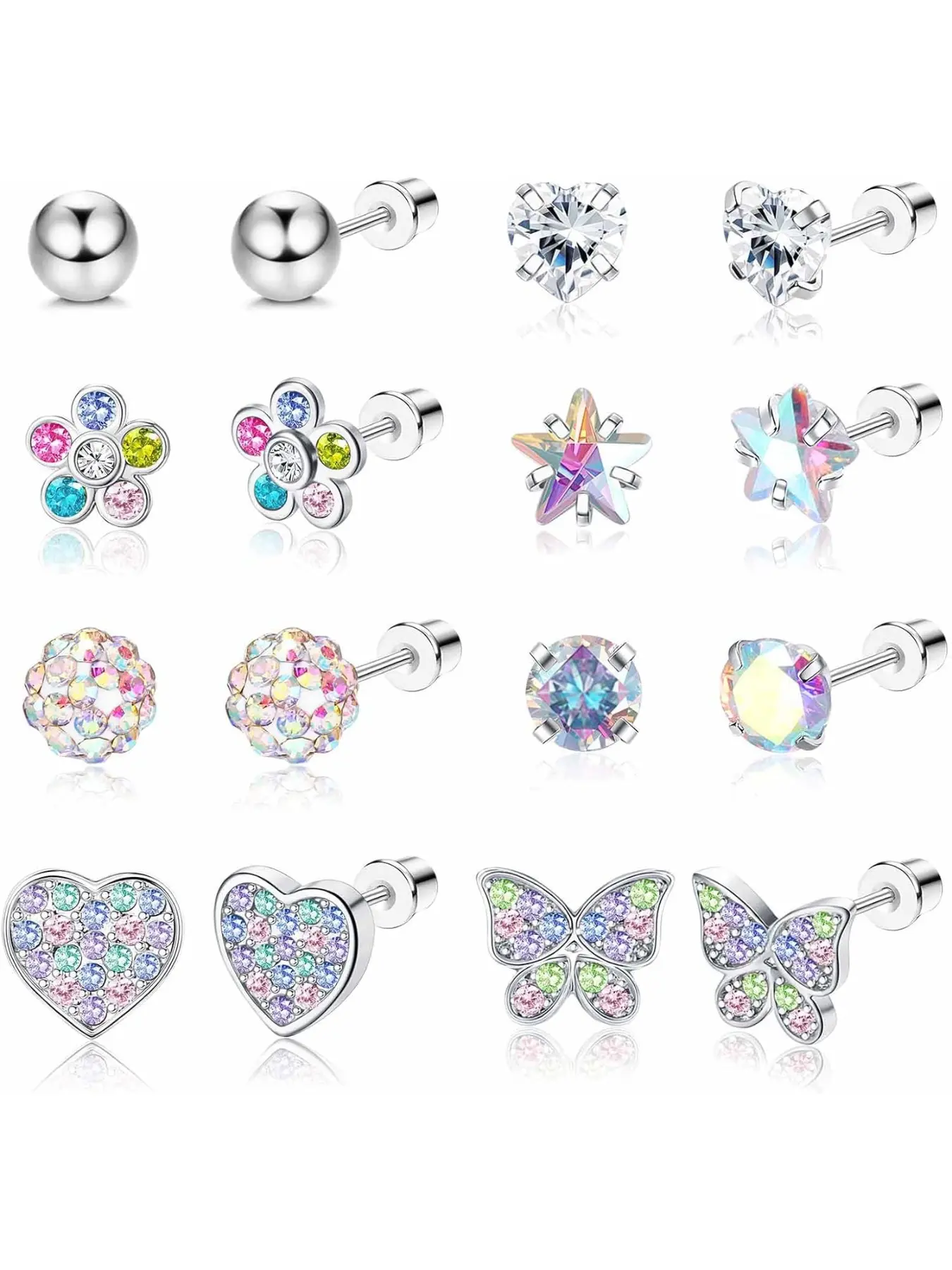 Hypoallergenic Stainless Steel Stud Earrings for Girls, Cute Flower Design, Butterfly Earrings, Flat Screw Back, Sensitive Ears, All Seasons Jewelry