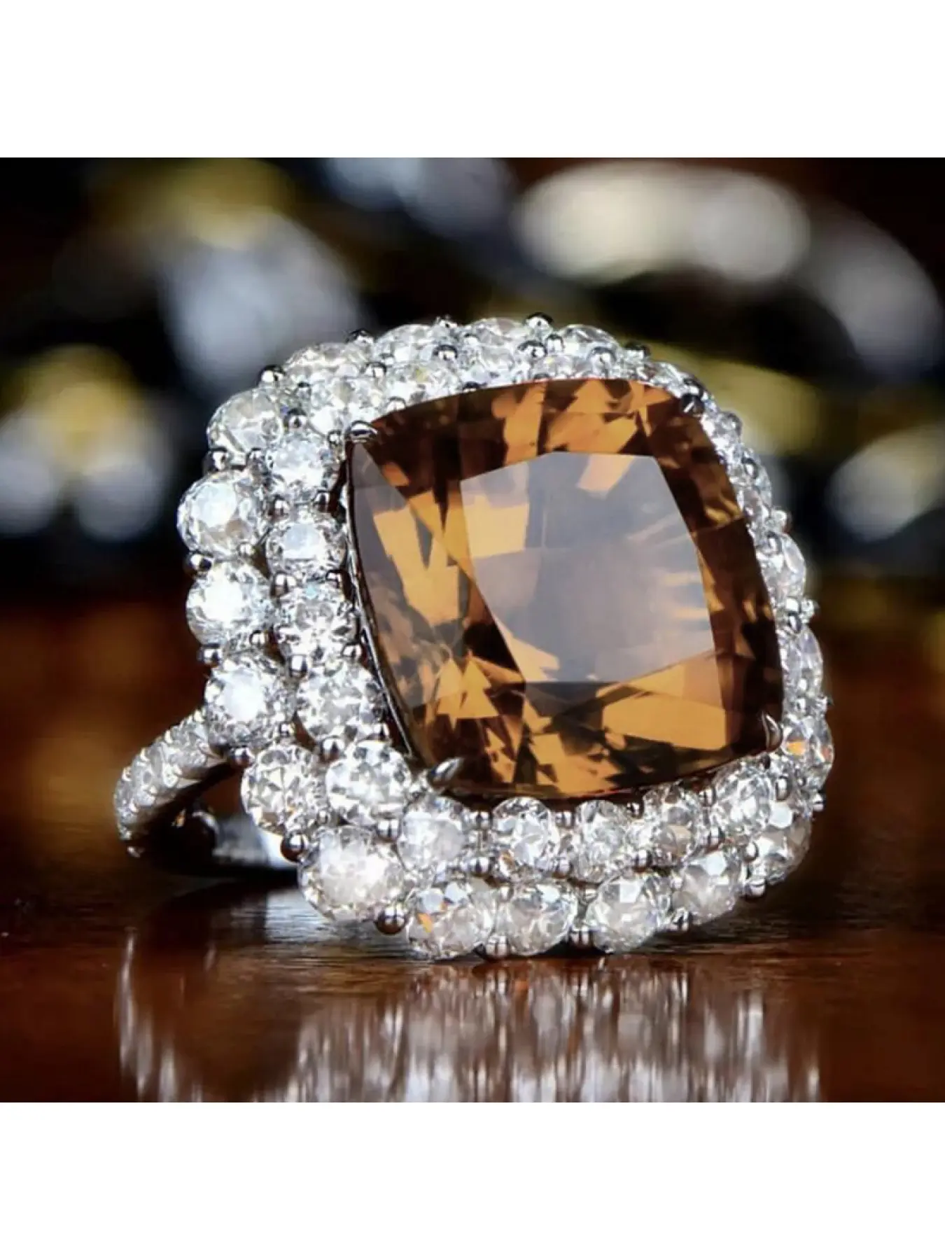 Champagne Brown Cushion Cut Halo Ring for Women, Large Double Pave CZ Cocktail Ring, Luxury Vintage Statement Ring, Sparkly Big Stone Jewelry for Party, Prom, Wedding and Anniversary