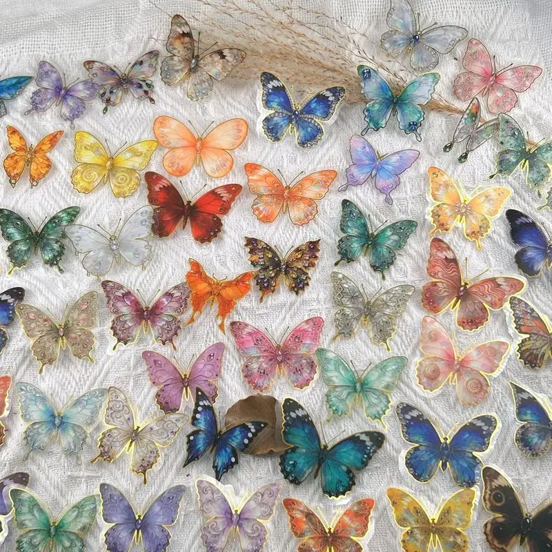 50 cartoon hot stamping colored butterfly sticker pack waterproof transparent PET personalized decoration water cup guitar decoration sticker, butterfly sticker, retro gold foil transparent waterproof sticker, insect sticker scrapbook notebook water bottl