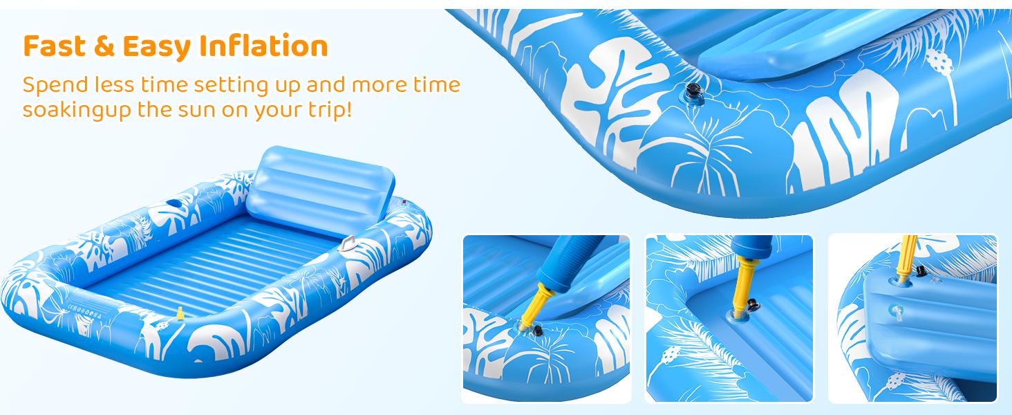 Inflatable Tanning Pool Lounger Float with Sprinkler, 77" x 48" Pool Floats Adult with Pillow, 6 in 1 Suntan Tub Raft Floatie with Drink Holder Sunbathing Water Lounge, kids play, splash pads