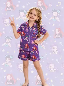 2-piece Kids' K-pop Girl Magic Edition Star Diamond Note Cartoon Pattern Print Short Sleeve Shorts Soft Comfortable Top with Small Pockets and Turned-Down Collar Design, Elasticated Waistband, Home Daily Casual Kids' Sleepwear Set
