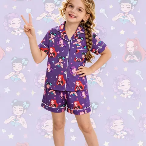 2-Piece Kids' K-pop Girl Magic Edition Star Diamond Note Cartoon Print Short Sleeve Top and Shorts, Soft Comfortable Top with Small Pockets and Turned-Down Collar Design, Elasticated Waistband, Cute Clothing Set