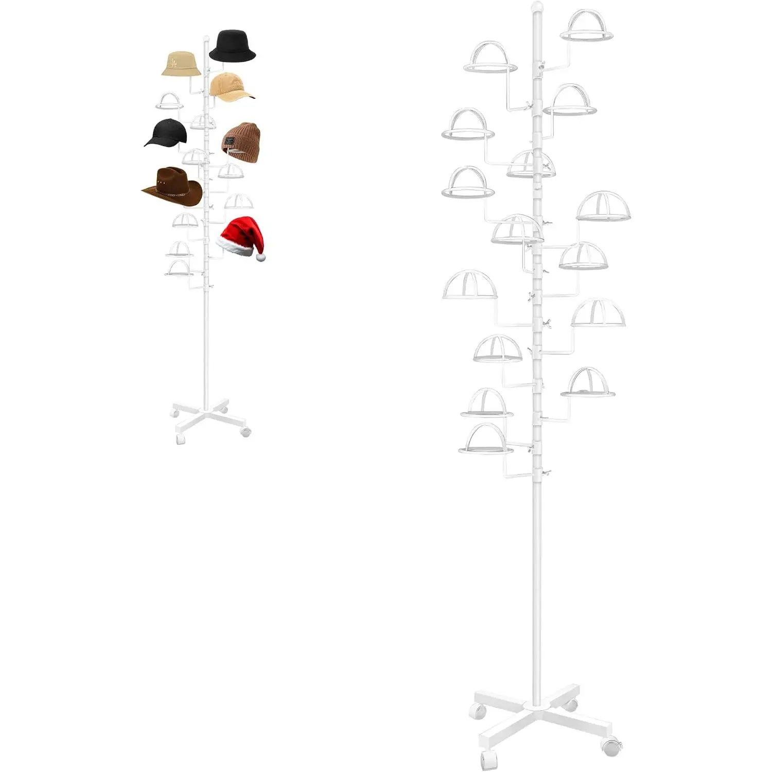 Freestanding Hat Rack Stand, Wig Display Stand, Metal Hat Organizer Rack with 14 Customisable Circular Hooks, Hats Tree Stand Floor Standing Hat Display, White