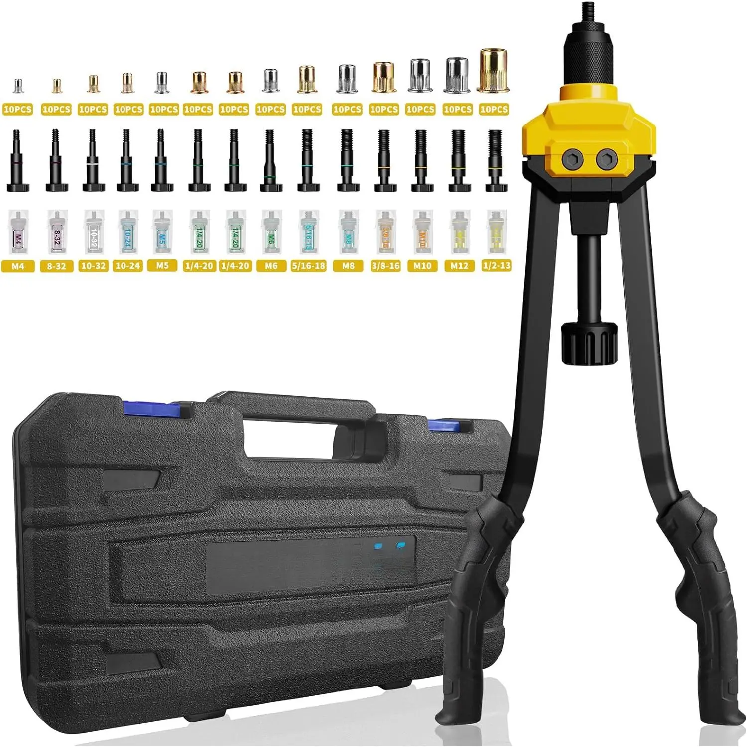 Rivet Nut Tool Rivet Nut Kit, 16" Rivnut Tool Kit with 14 Metric & SAE Mandrels Rivet Nut Assortment Kit with 140 Rivet Nuts, Hand Riveters Nutsert Tool Kit with Durable Blow Molded Case