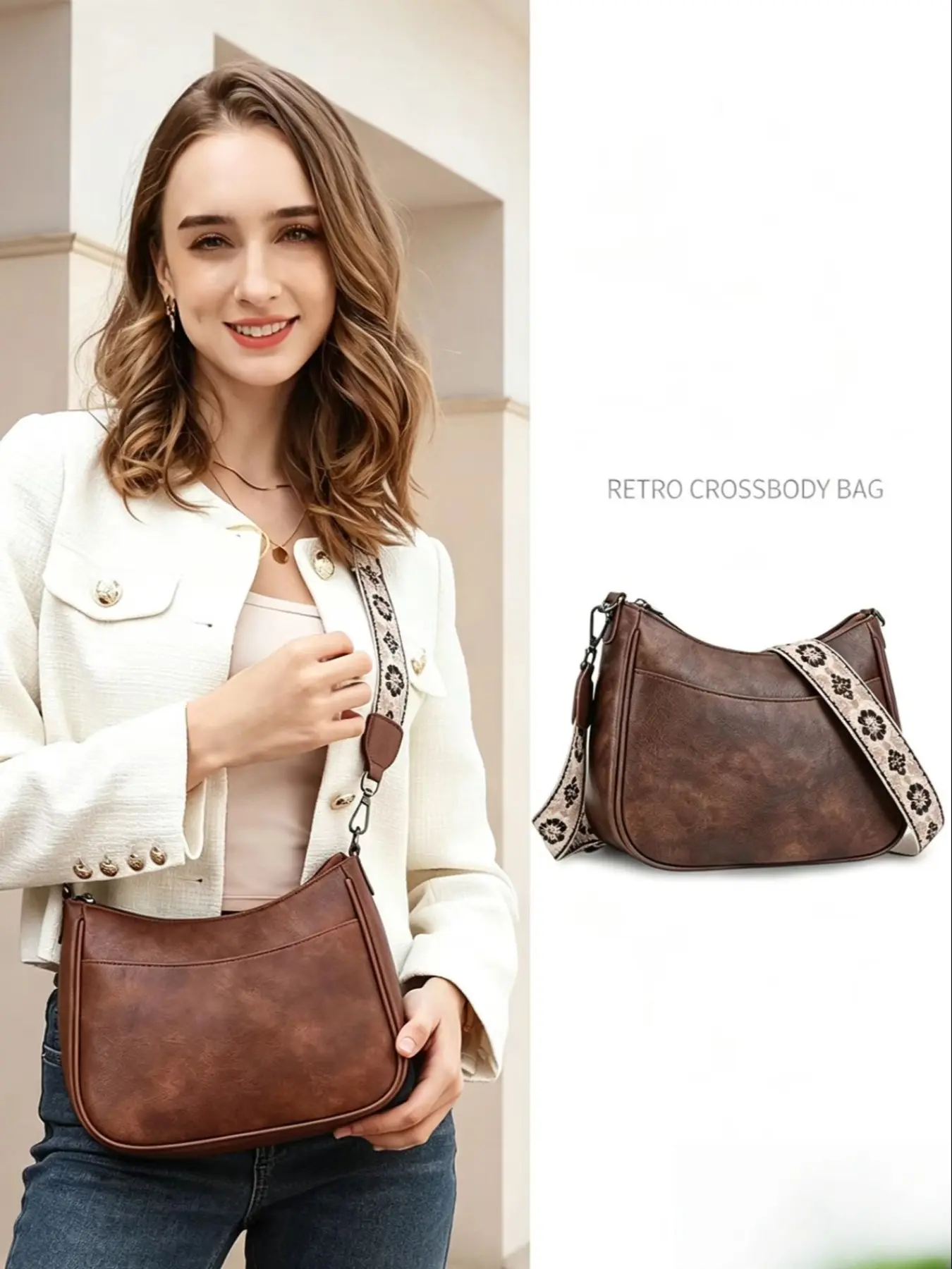 New Women's Vintage PU Shoulder Bag, Solid Color Crescent Moon Bag, Adjustable Strap Crossbody Bag, Versatile Single Shoulder Bag