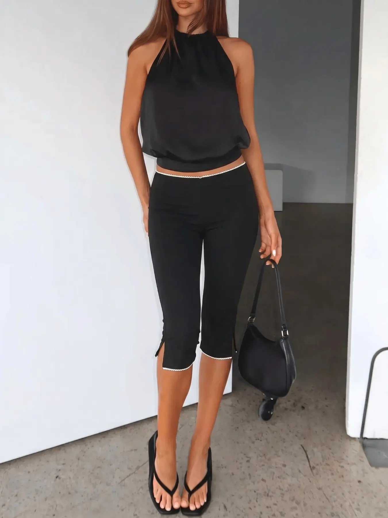 Women's Solid & Polka Dot Lace Trim Capri Pants Slim Fit Split Hem Mid Calf Cropped Trousers High Waist Stretch Casual Pants 2026 Summer Streetwear Daily Trendy Going Out Chic Stylish Viral TikTok Fashion Essential for Casual Daily Matching
