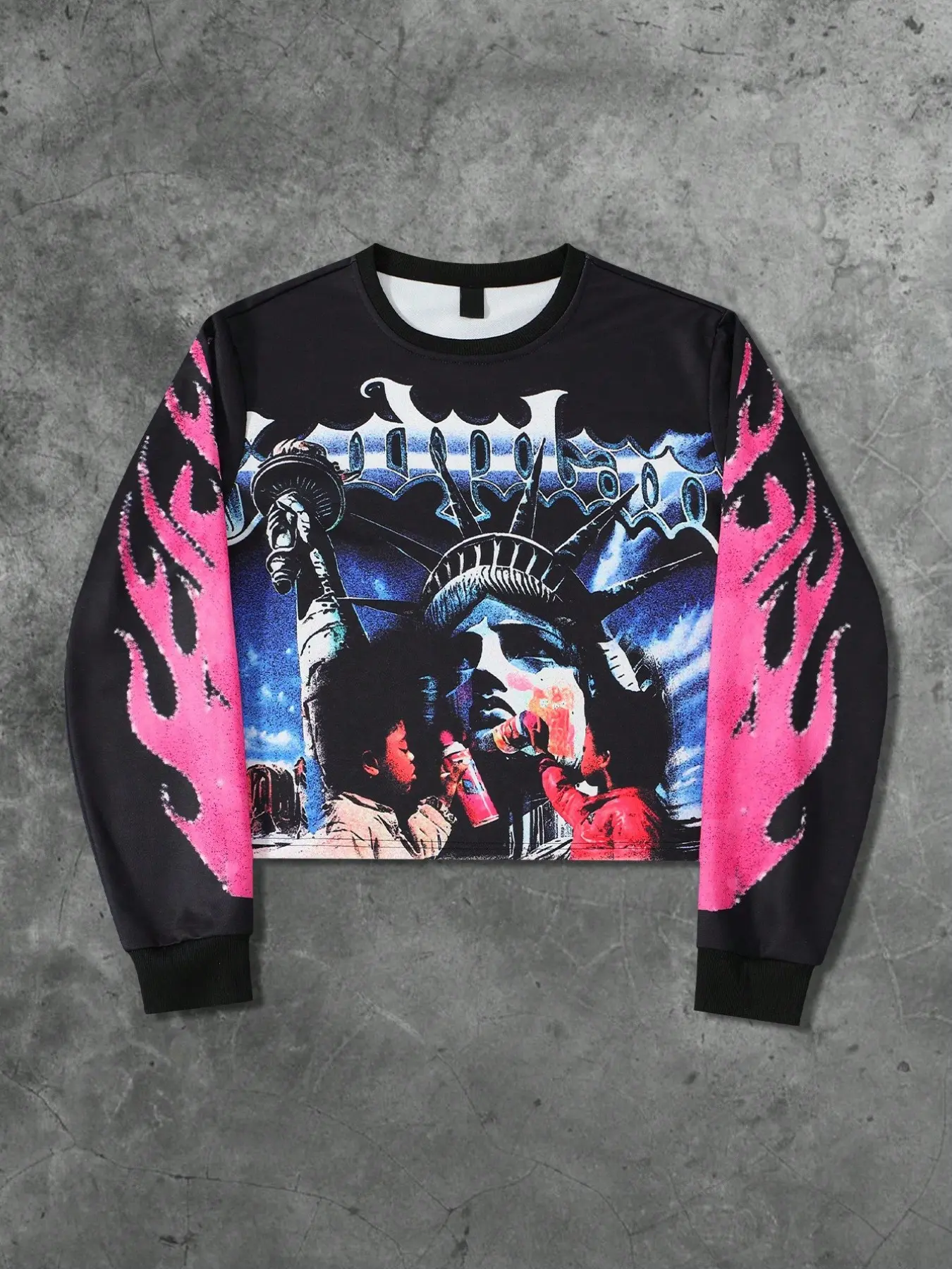 American Street Style Liberty Statue Graffiti Short Sleeve Sweatshirt, Men's Flame Sleeve Retro Y2K Hip Hop Crop Top