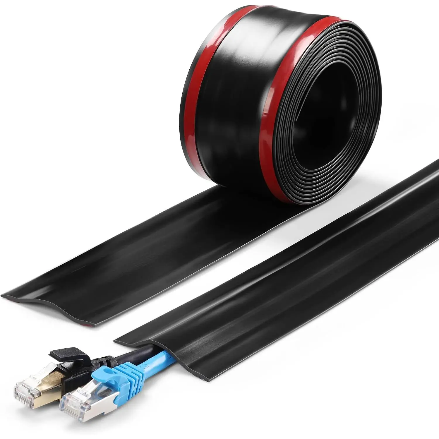 6ft Cord Cover for Wires  Floors or Walls, 2.2in Wide, Black | Soft PVC self-adhesive cord hider, easy to cut and install, ideal for 1-2 cables, extension cord, Ethernet and speaker cables