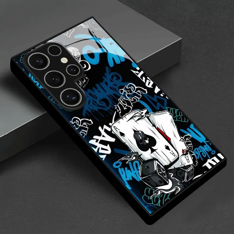 Tempered Glass Phone Case, Multi-Model Graffiti-Style Poker & Dice Design Cover for Galaxy S26 S25 S24 S23 S22Pro S21 S20 Fe Plus Ultra Pro A56 A55 A54 A53 A52 A51 A36 A35 A34 A32 A26 A25 A24 A23 A16 A15 A14 A06 A05 A03s