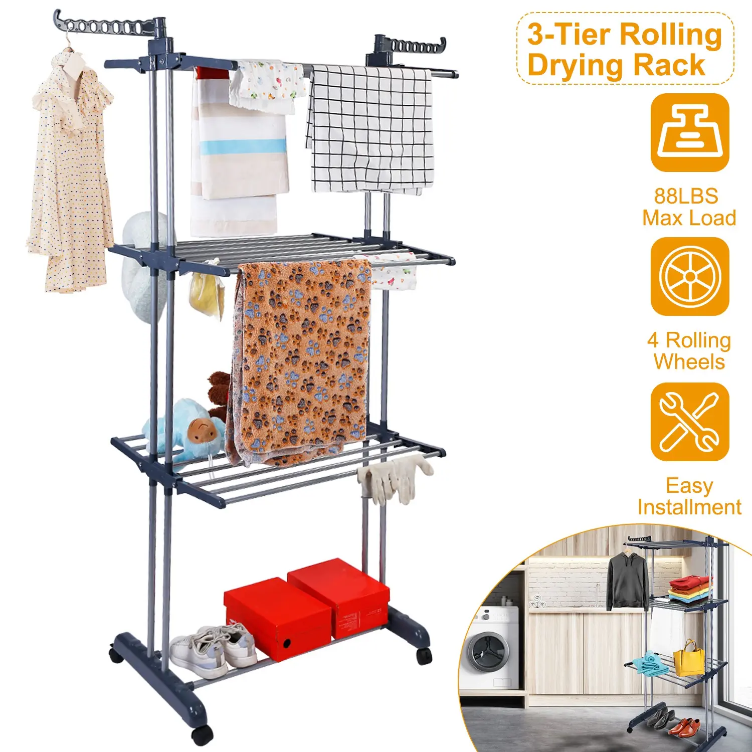 3-Tier Rolling Clothes Drying Rack with Dual Side Wings, 88 lb Capacity Laundry Drying Stand with Shoe Shelf and 4 Wheels for Indoor Outdoor Use