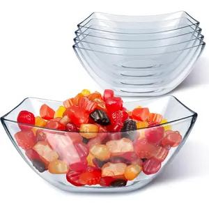16oz Clear Plastic Serving Bowls (4 Pack) Small Disposable Candy Dishes, Square Plastic Buffet Containers for Chips, Snacks, Mints, Salad Bar, Snack Bowl Parties, Office, Bridal Shower, Party Supplies