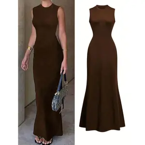 2025 Women's Essential Transitional Piece for Summer to Autumn: Elegant Black Slim-Fit Maxi Dress - Sleeveless Bandage Hip-Wrapping Stand-Up Collar, Perfect for Wedding Guests, Bridal Showers, Ibiza Parties, Lightweight Formal Wear, Evening Dinner
