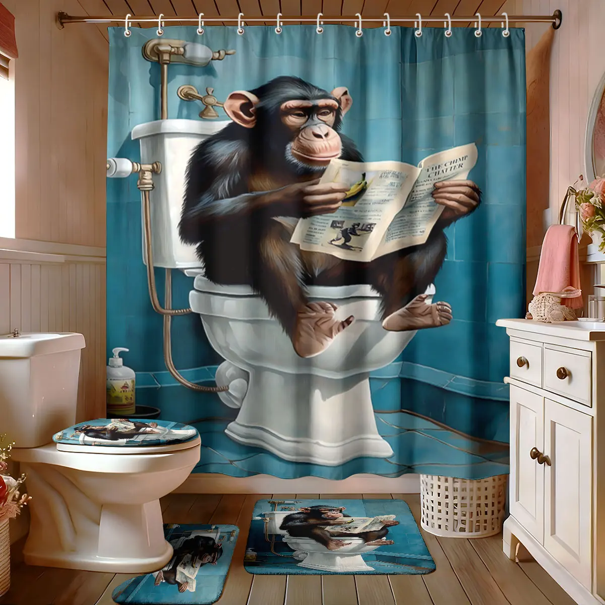 4PCS Orangutan Sitting On The Toilet Reading The Newspaper Bath Curtain Pattern Bathroom Set with Non-Slip Rug, Toilet Lid Cover and Bath Mat, Modern Bathroom Decor, Summer Bathroom Set with 12 Hooks
