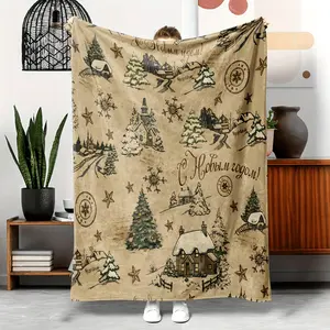 1Pc Christmas Flannel Blanket, Rustic Style Snowflake Christmas Tree Pattern, Soft Warm Comfortable Sofa Bed Office Blanket,  Throw Blanket, Nap Blanket, Halloween Christmas Gift