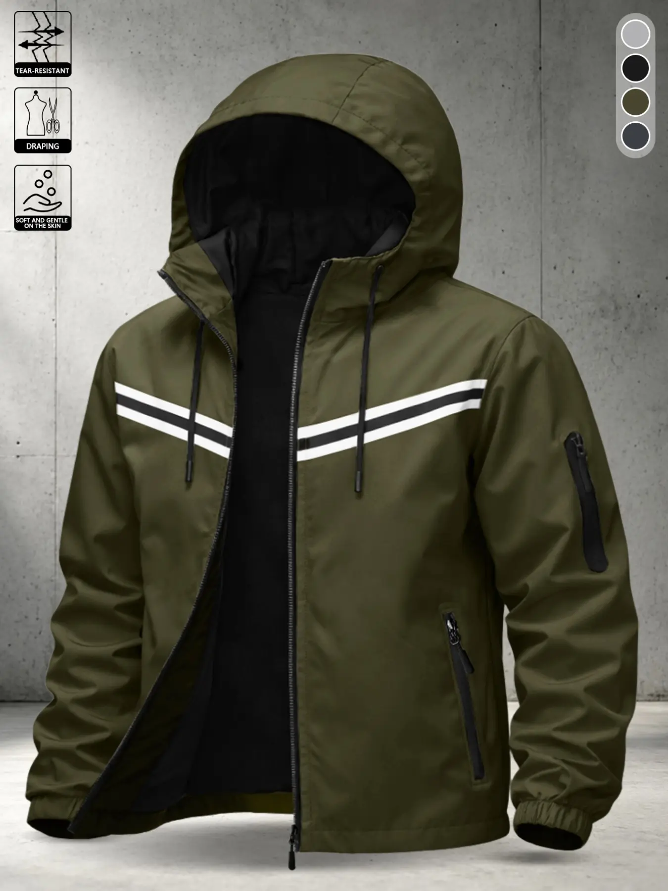Men's Minimalist Daily Loose Fit Hooded Flying Jacket, Long Sleeve Print Casual Outerwear, All Seasons Short Open Front Coat