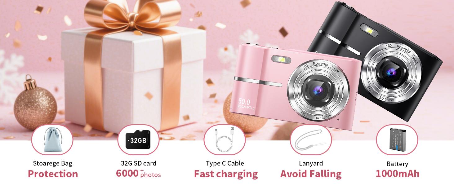 Digital Camera 4K for: 50MP Pink Camera for Photography -16X Zoom Anti-Shake, Date Stamp- Christmas Birthday Gifts for Girls- Compact Camera for 6 7 8 9 10 Year & Up Old Boy Girls